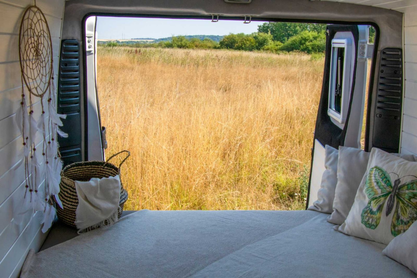 The view across the field from the back of a campervan